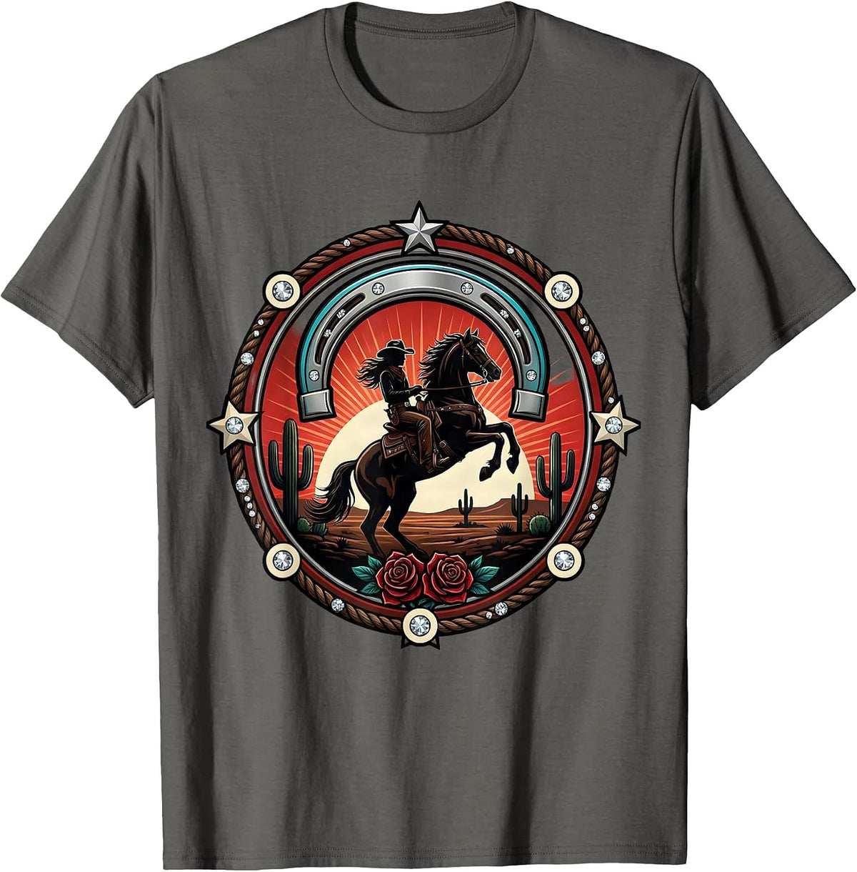 Cowgirl Riding Horse Desert Sunset Illustration T-Shirt - Asphalt Grey