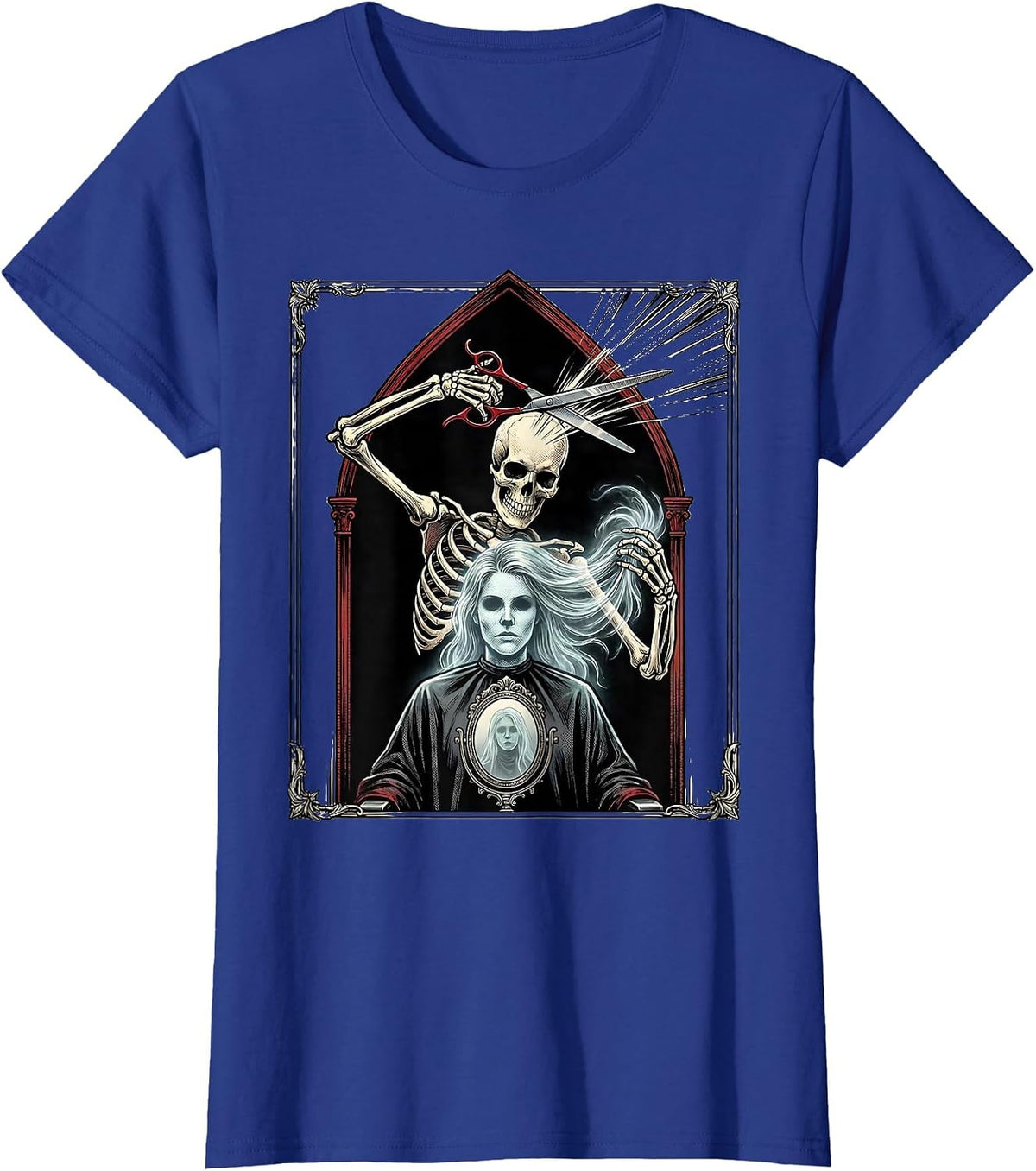 Women's Skeleton Hair Stylist Tarot Card Gothic Salon Comic T-Shirt - Royal Blue