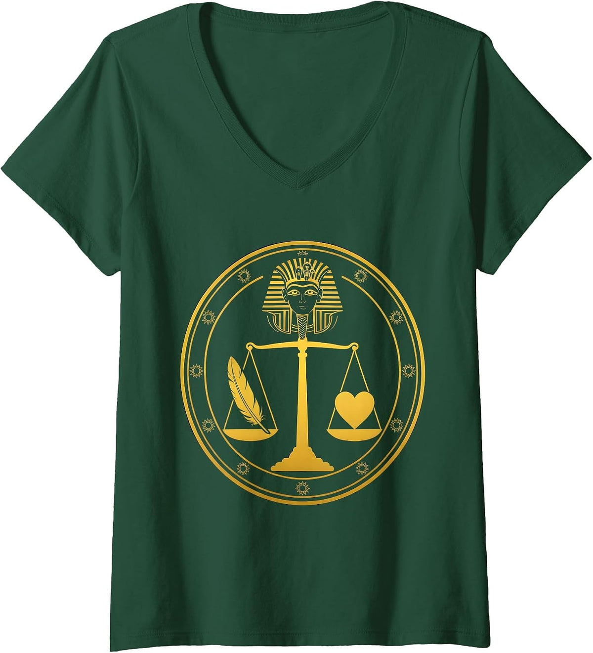 Women's Ancient Scales Feather and Heart Balance Design V-Neck T-Shirt - Dark Green