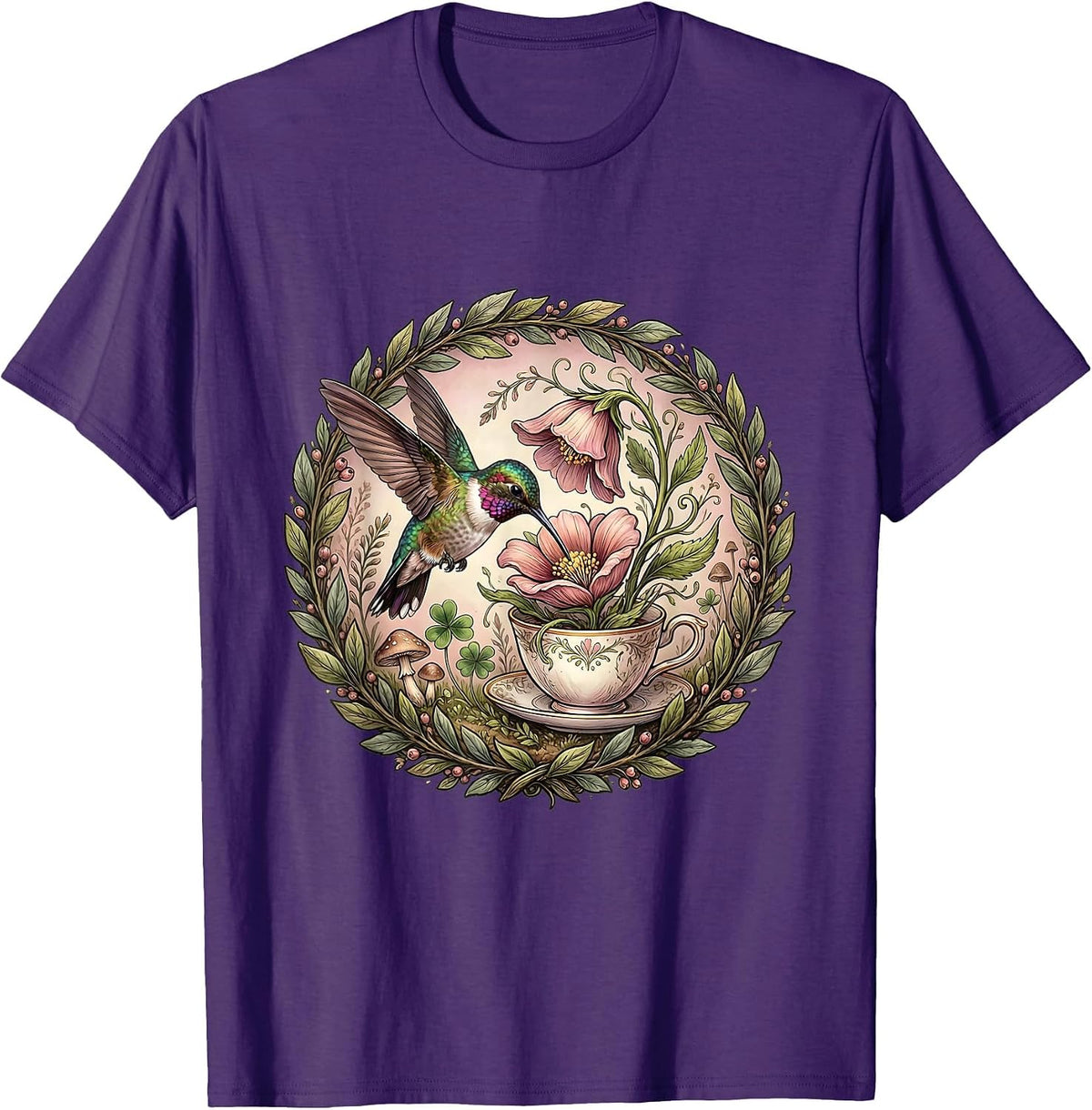 Hummingbird Teacup Flower Botanical Art T-Shirt - Purple