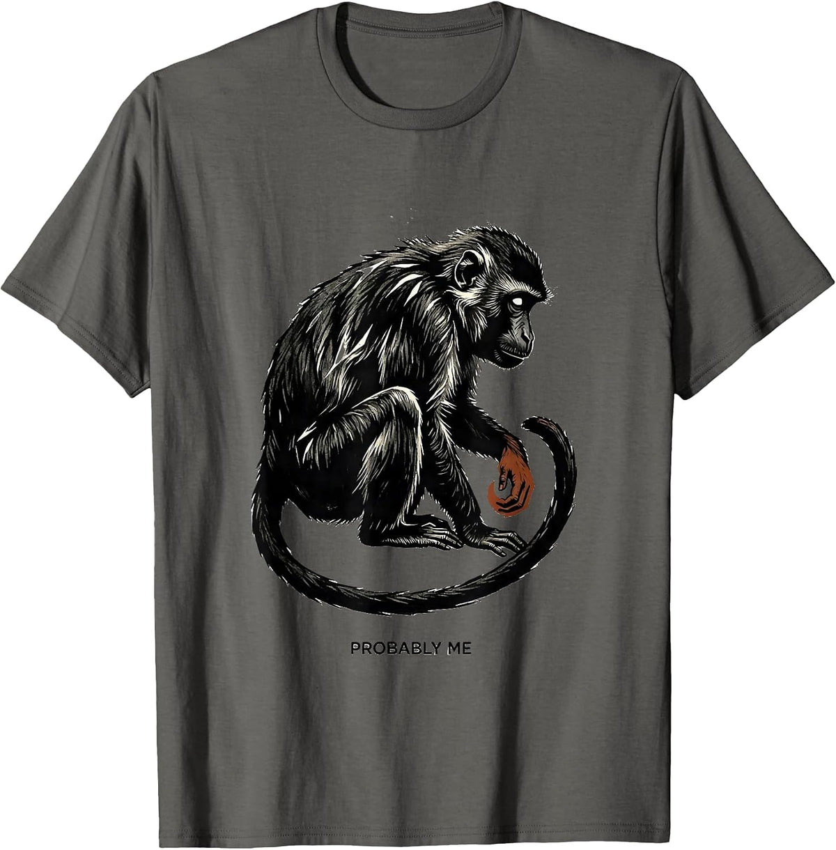Men's Probably Me Funny Linocut Monkey Meme Absurd Humor T-Shirt - Asphalt Grey