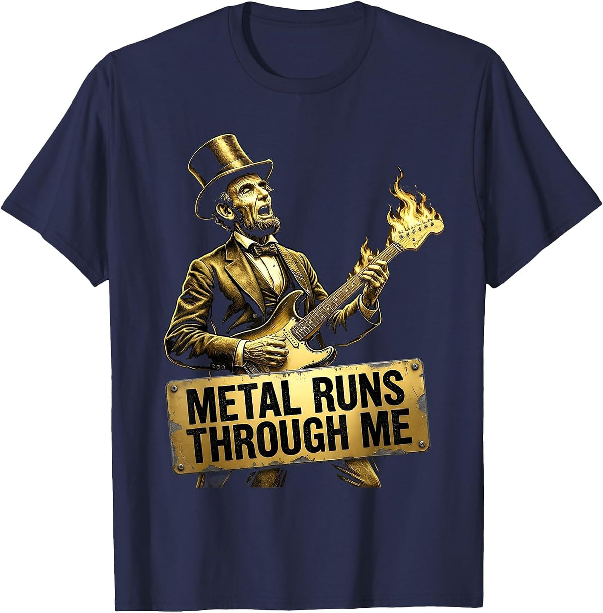 Metal Runs Through Me Rock Music Graphic Design T-Shirt - Navy Blue