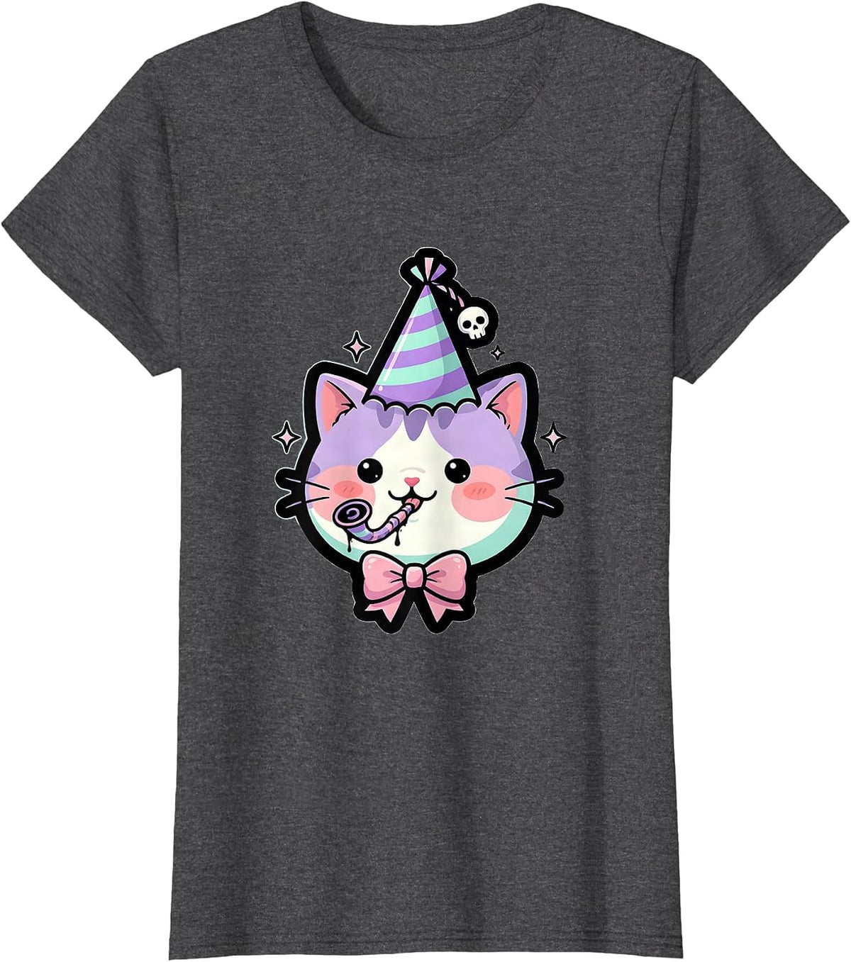 Women's Funbibi Cat Party Hat Noisemaker Celebration T-Shirt - Dark Heather Grey