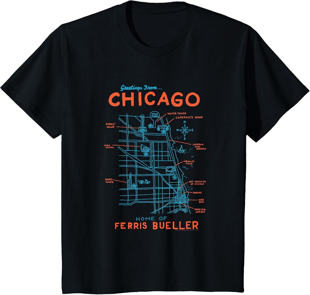 Ferris Bueller's Day Off Chicago Map Funny Movie T-Shirt - Black