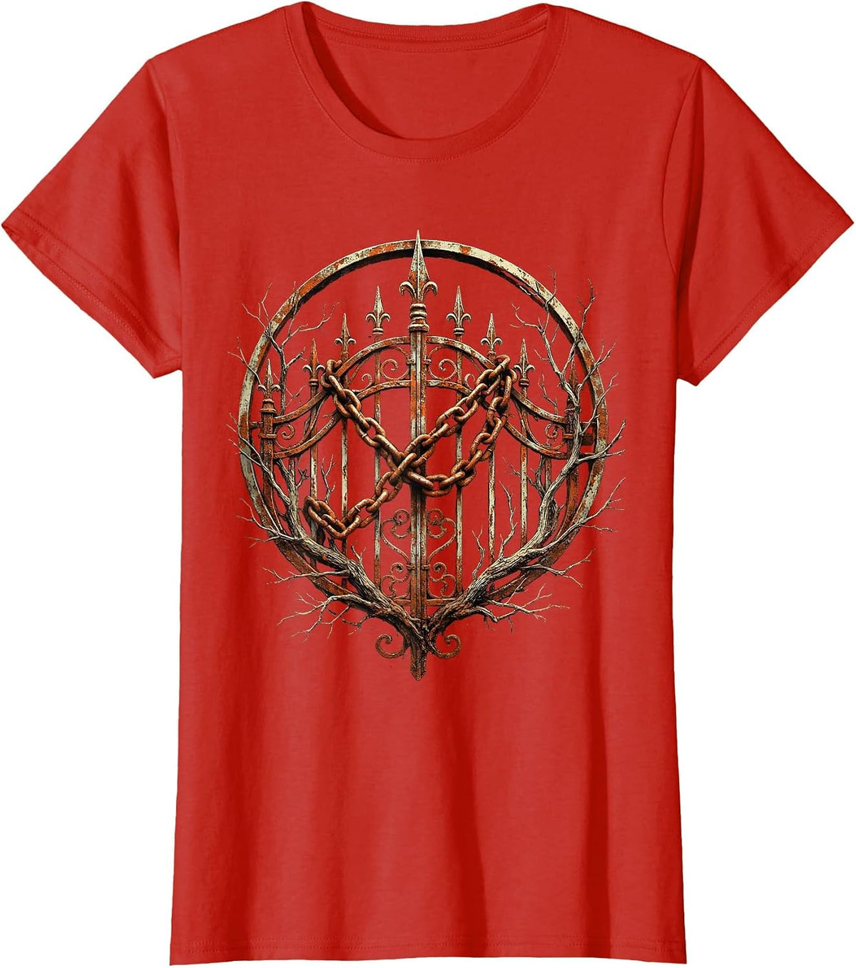 Rusted Chain Cemetery Gate Grunge Illustration T-Shirt - Red