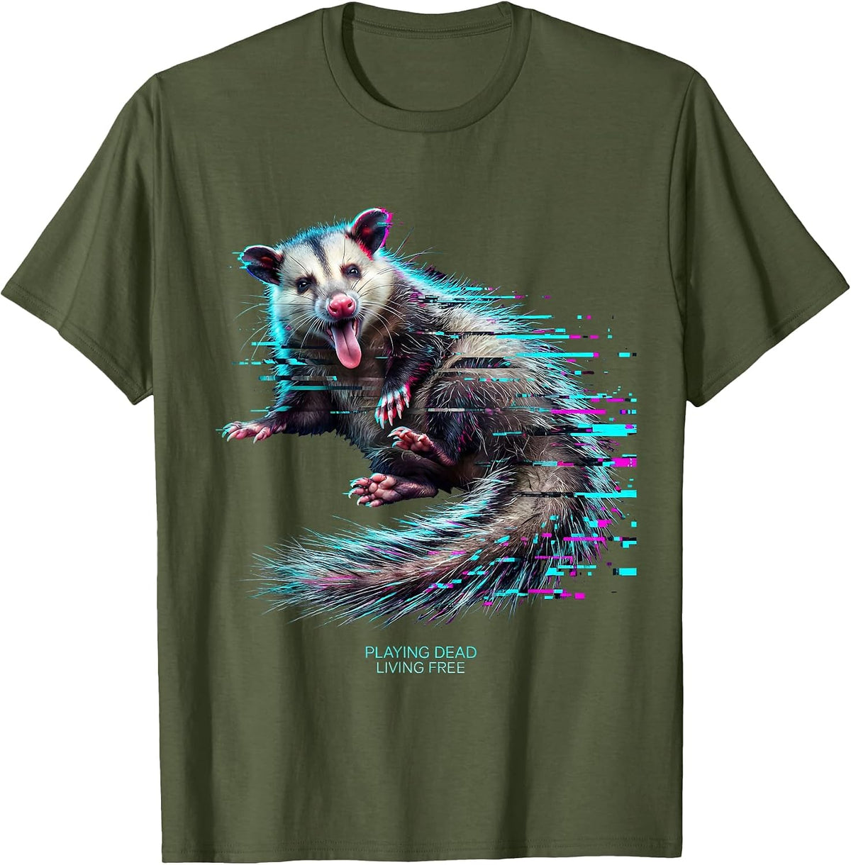 Playing Dead Living Free Opossum Design T-Shirt - Olive Green