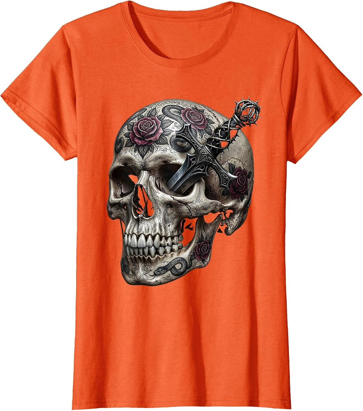 Tattooed Skull Dagger Through Temple Graphic T-Shirt - Orange