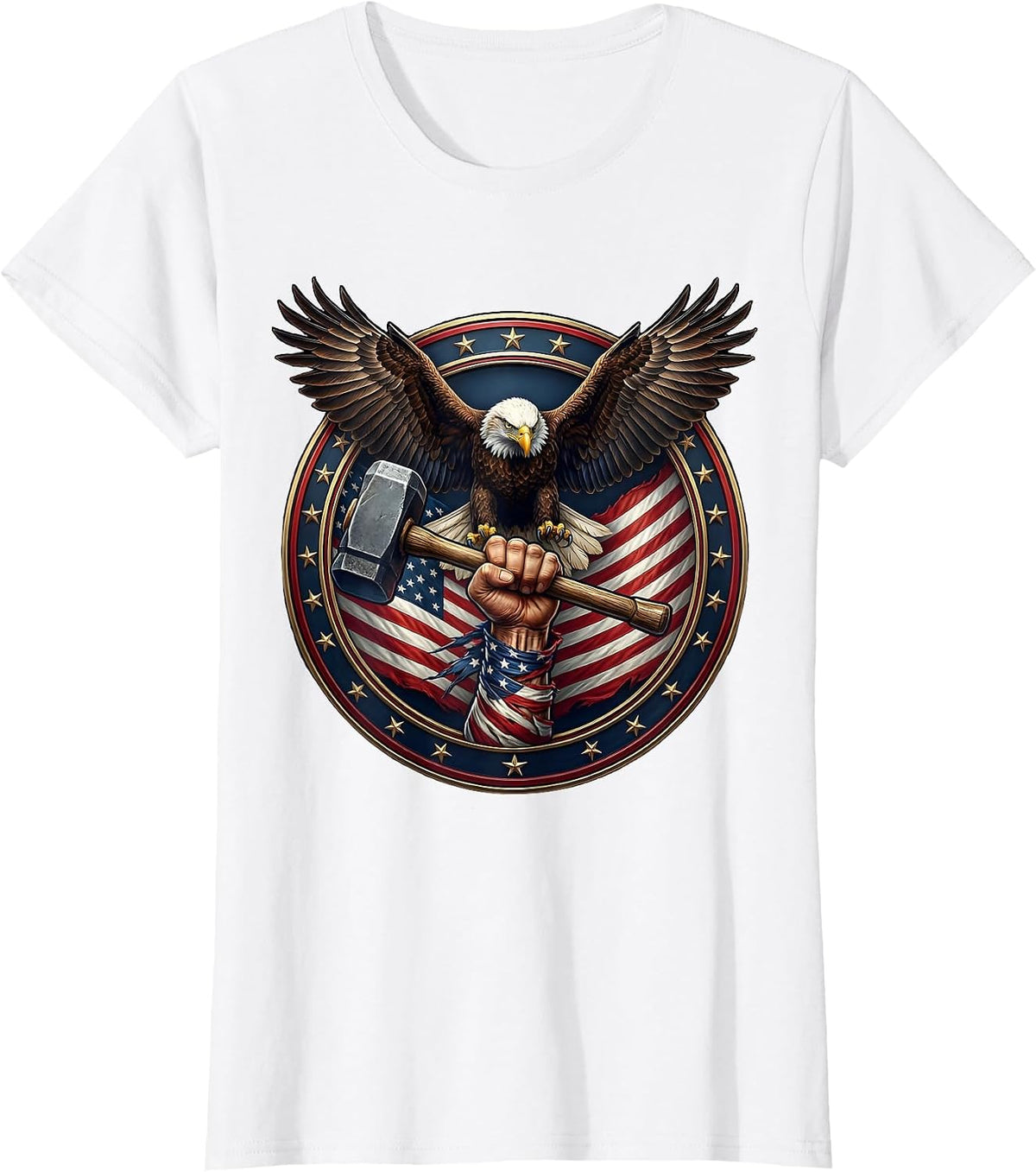 Patriotic Strength Muscular Arm Hammer US Flag Design T-Shirt - White