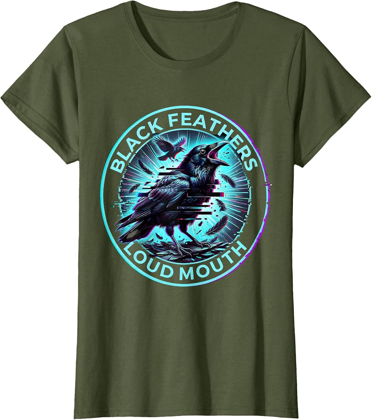 Women's Black Feathers Loud Mouth Bold Bird Design T-Shirt - Olive Green