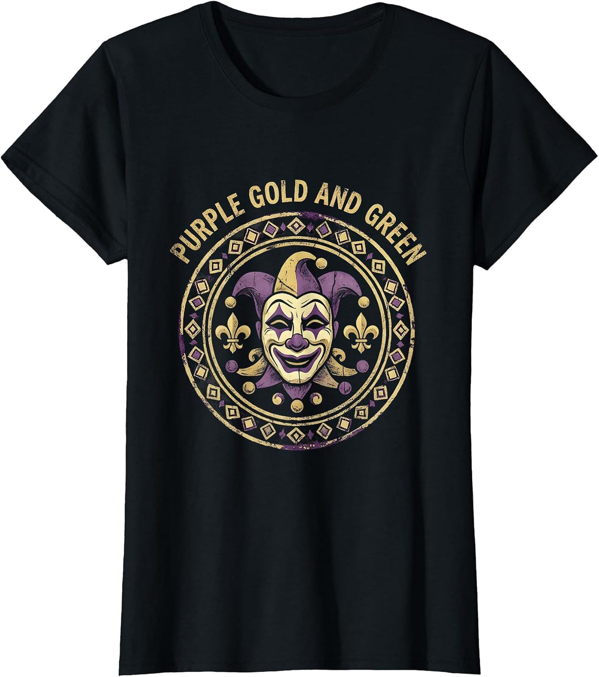 Mardi Gras Men Purple Gold and Green Design T-Shirt - Black
