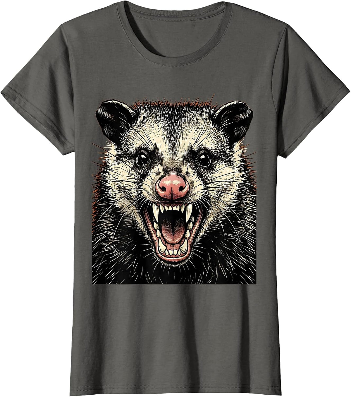 Women's Snarling Opossum Close-Up Wildlife Graphic T-Shirt - Asphalt Grey