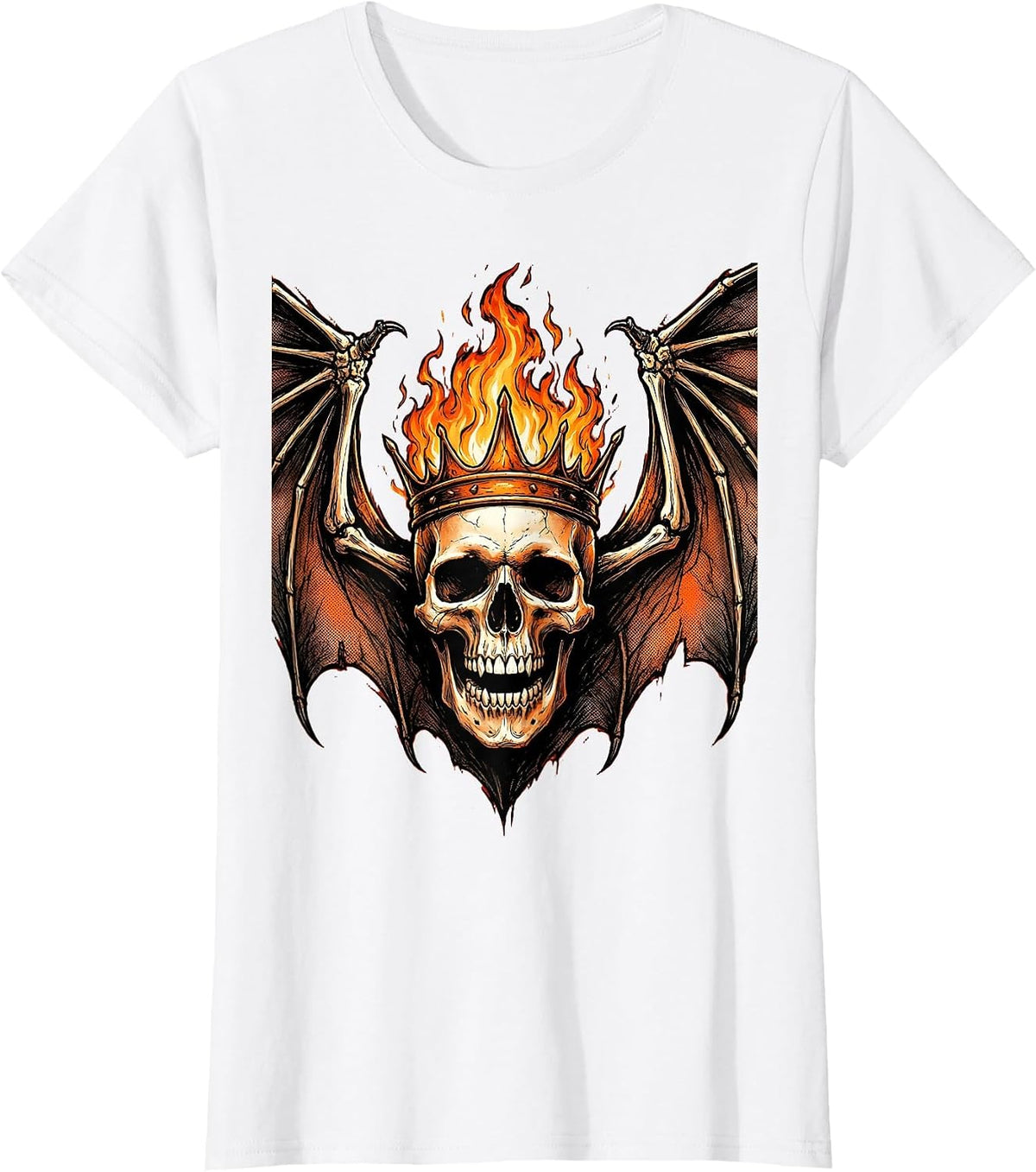Flaming Skull Bat Wings Dark Gothic Design T-Shirt - White