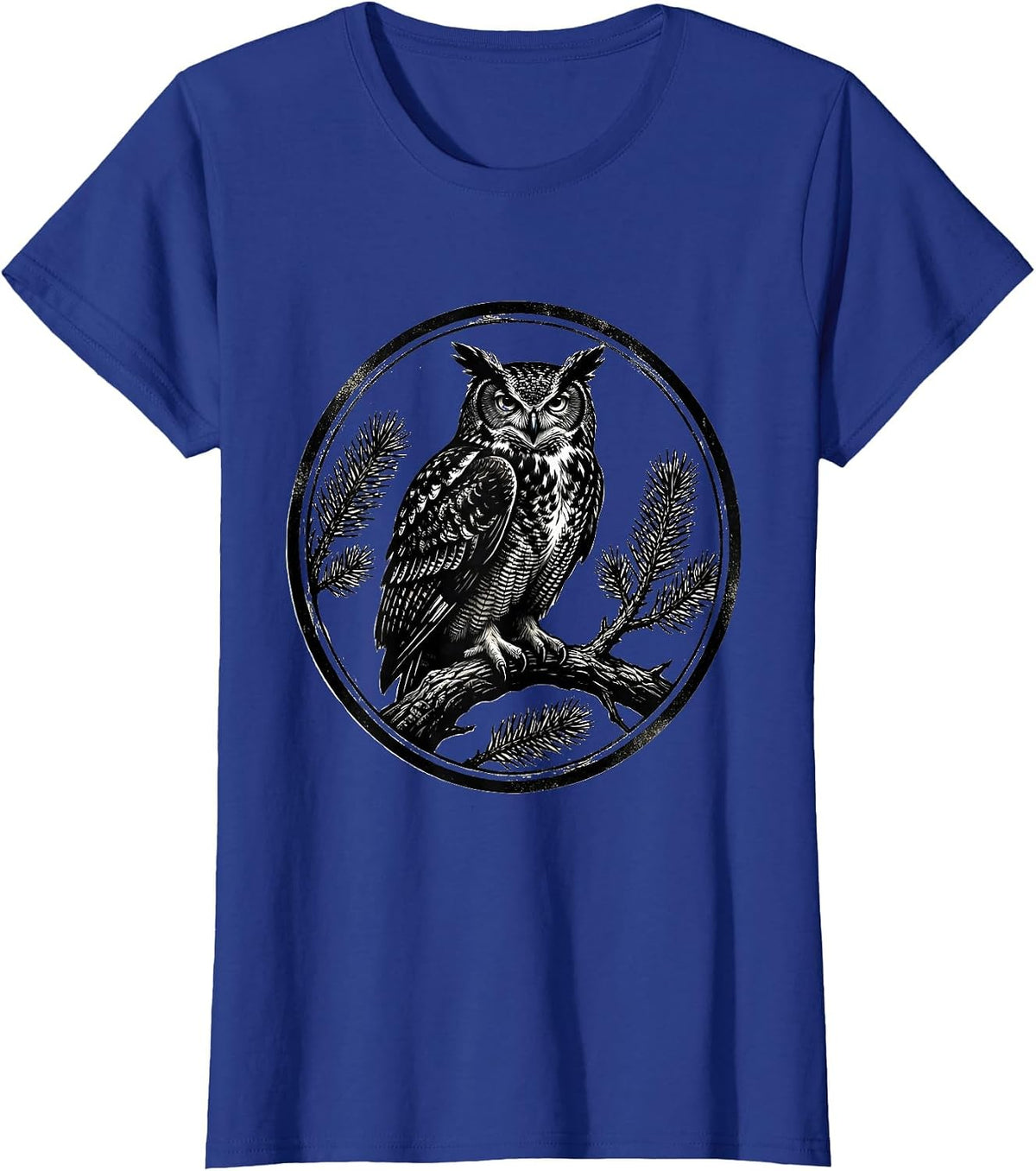 Women's Great Horned Owl Scratchboard Vintage Forest Wildlife Nature T-Shirt - Royal Blue