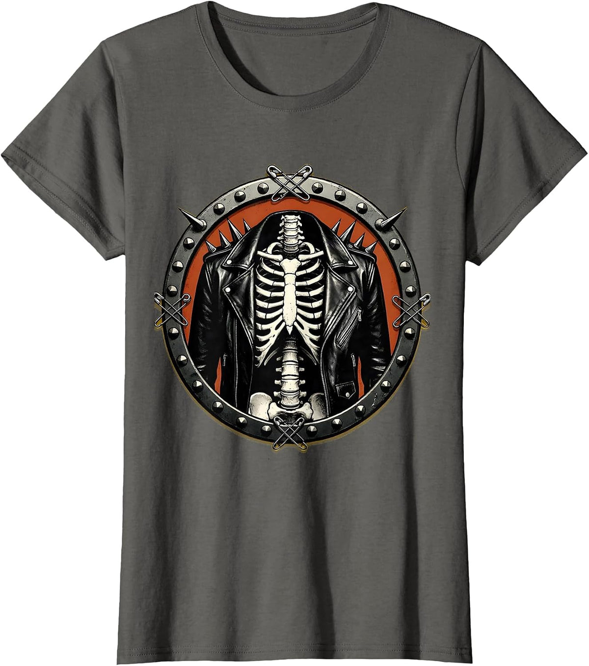 Women's Punk Skeleton Spiked Leather Jacket Graphic T-Shirt - Asphalt Grey