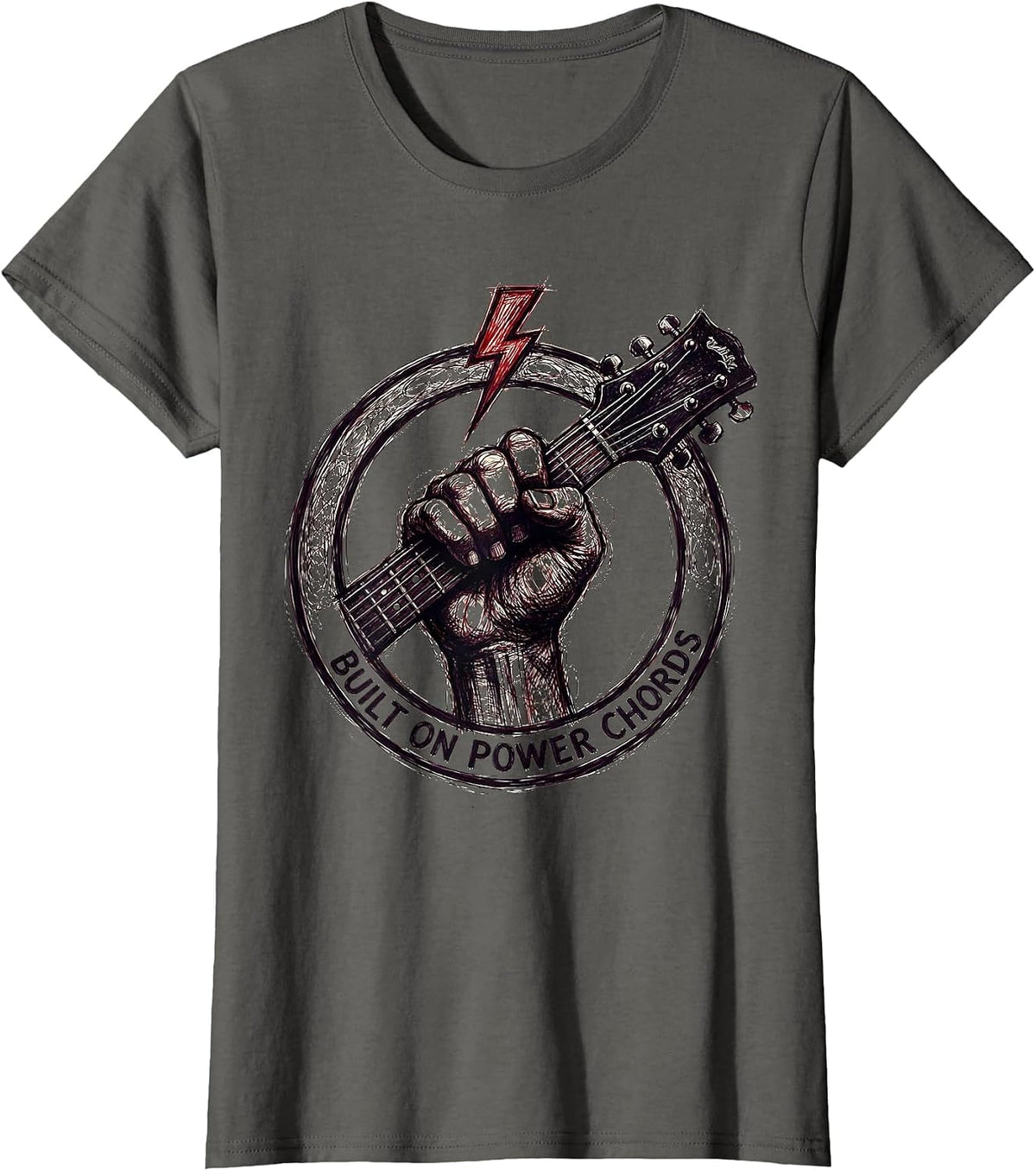 Women's Built on Power Chords Heavy Metal Guitar Design T-Shirt - Asphalt Grey