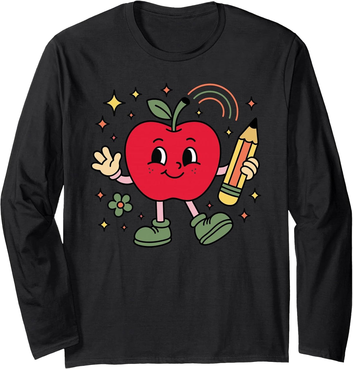 Retro School Apple with Face and Teacher’s Pencil Long Sleeve T-Shirt - Adult Unisex Black