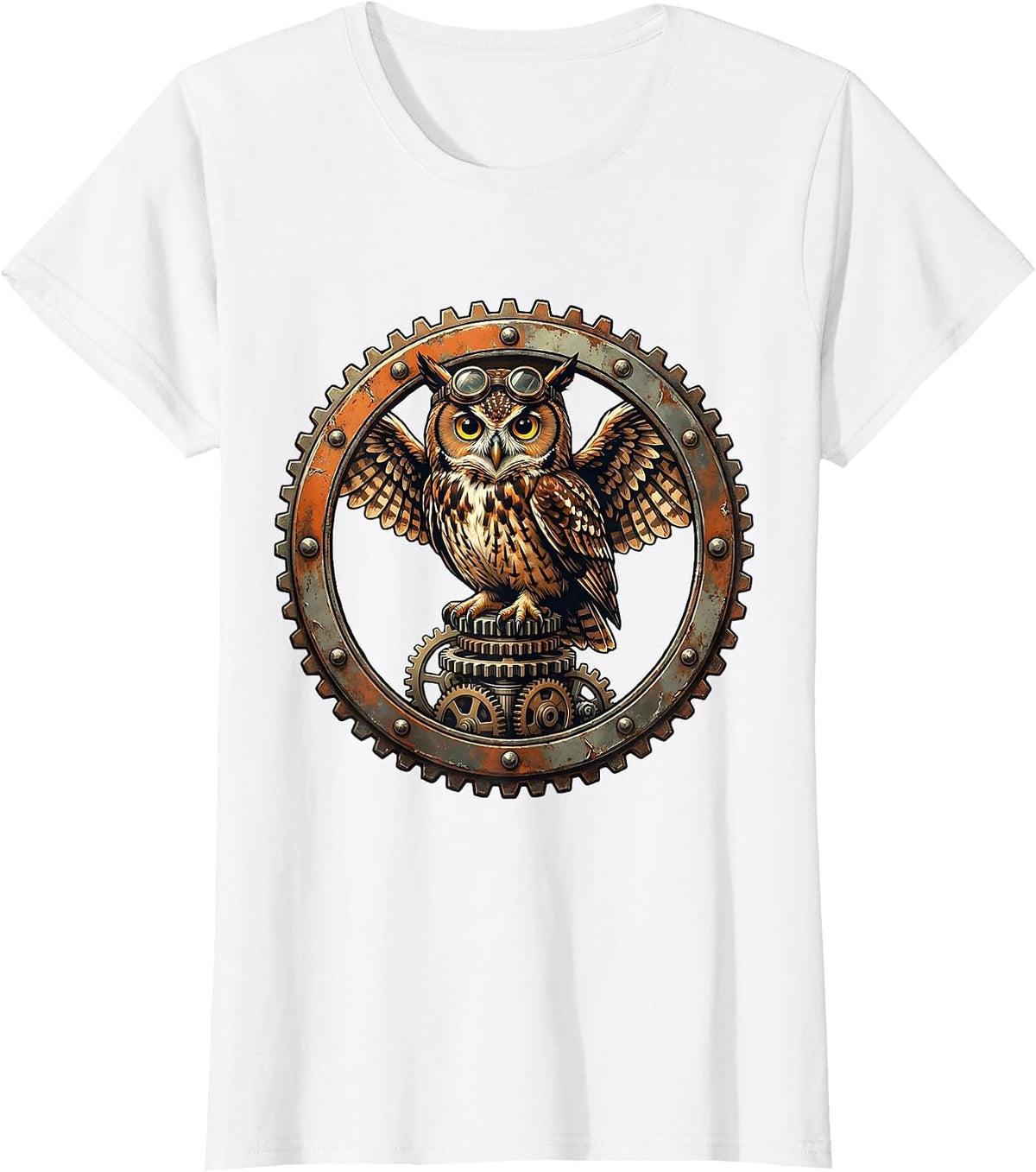 Steampunk Owl on Gear Stack Graphic Design T-Shirt - White