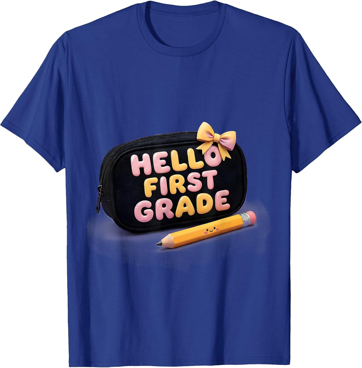 Men's Hello First Grade Cute Kawaii Bow Back To School Pencil T-Shirt - Royal Blue