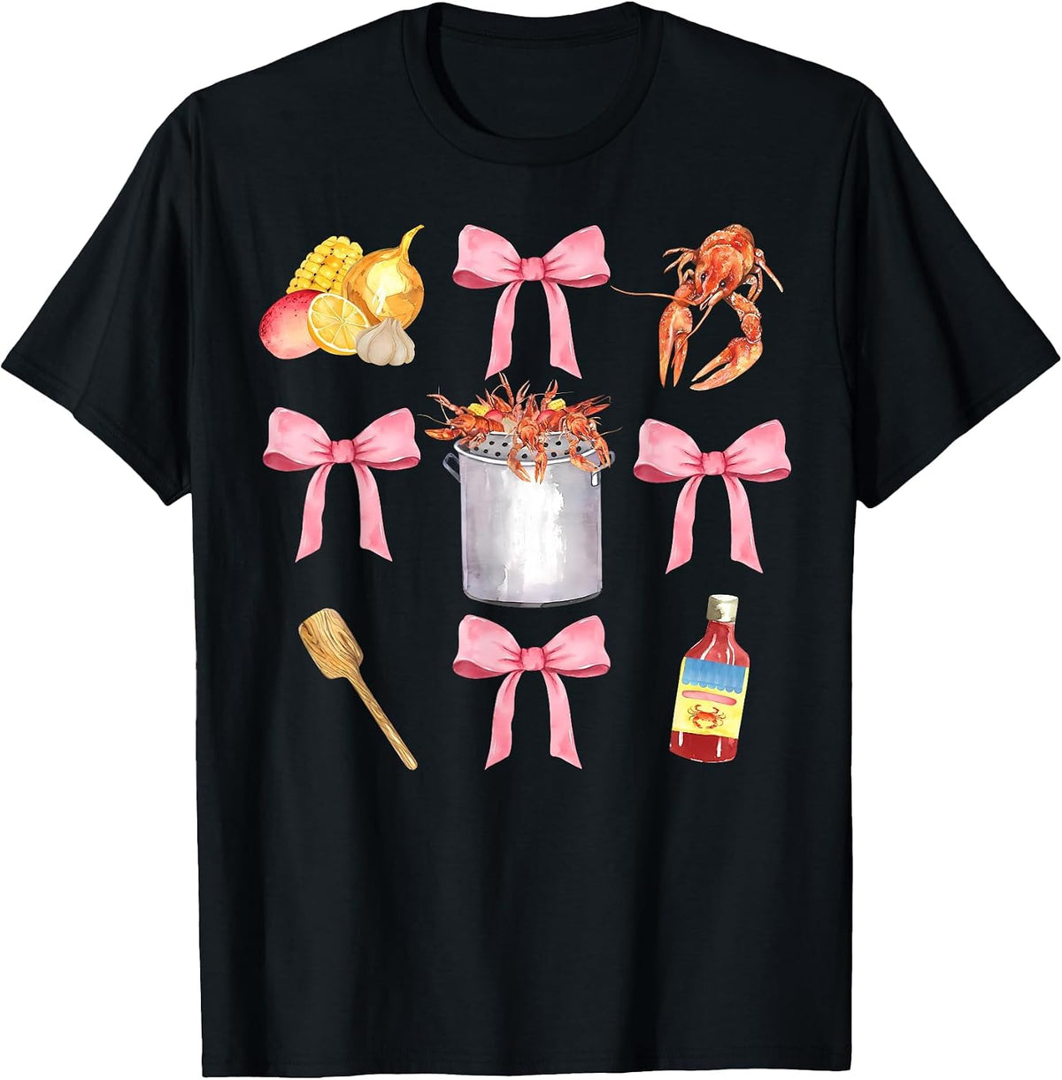 Pink Bow Cute Coquette Crawfish Clean Girl Aesthetic T-Shirt - Black