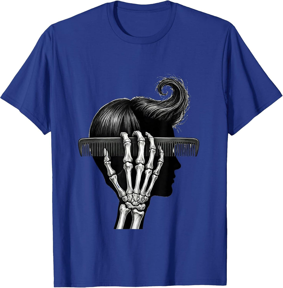 Men's Raised Comb Skeleton Hairstylist Halloween Humor T-Shirt - Royal Blue