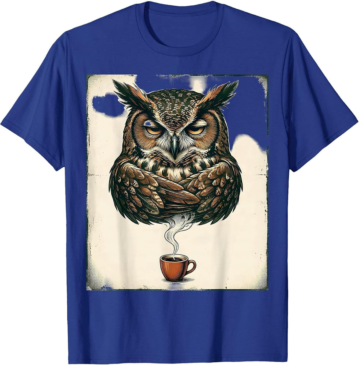 Slumped Owl Vintage Christian Coffee Humor Animal Mascot T-Shirt - Royal Blue