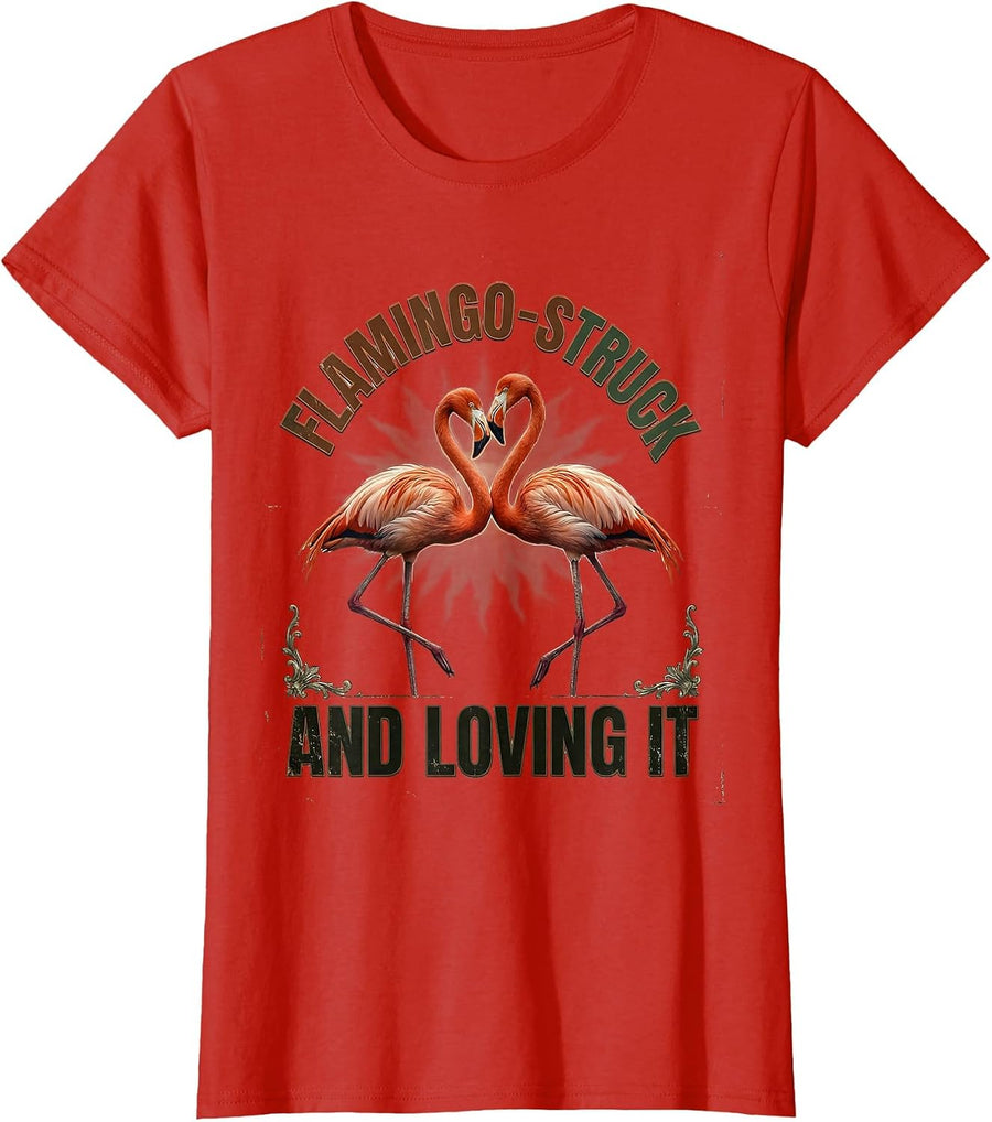 Women's Flamingo-Struck And Loving It Vintage Flamingo Humor Gift T-Shirt - Red