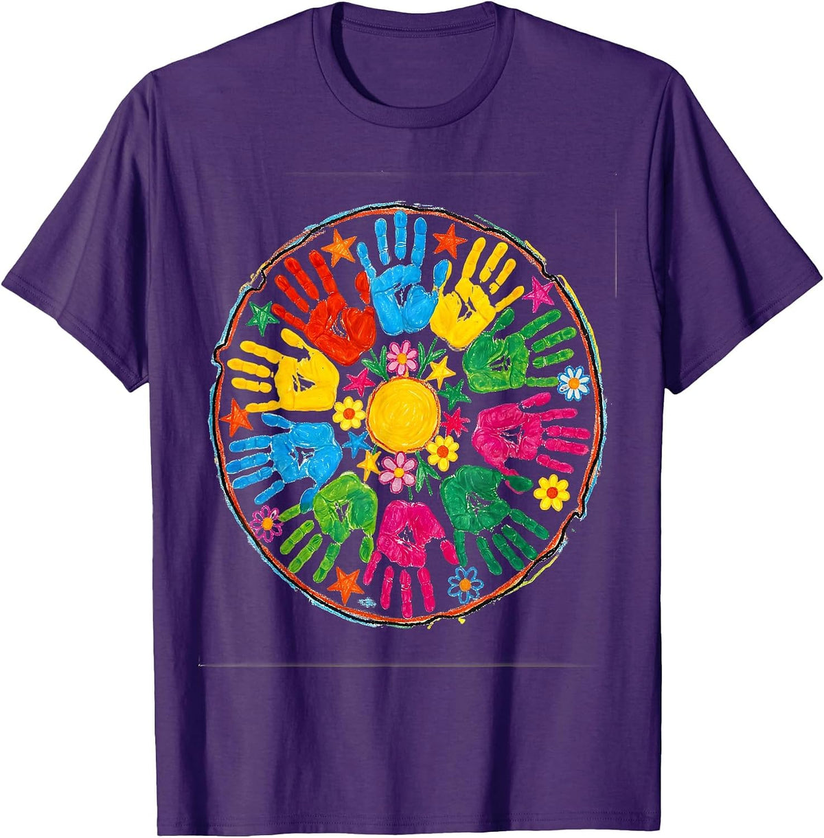 Preschool Teacher Handprint Art Graphic T-Shirt - Purple