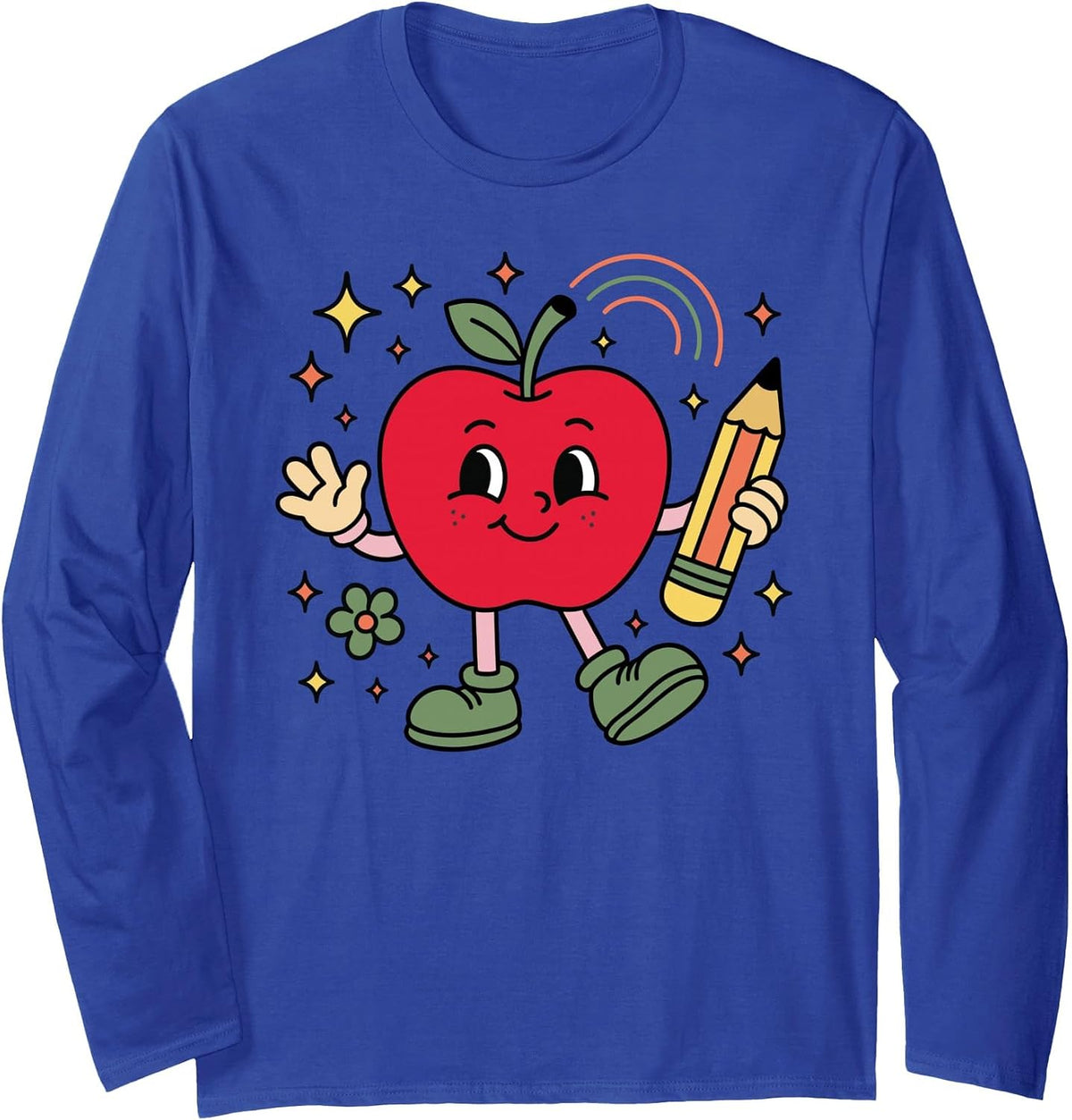 Retro School Apple with Face and Teacher’s Pencil Long Sleeve T-Shirt - Adult Unisex Royal Blue