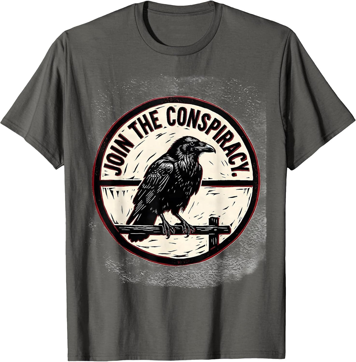 Men's Join The Conspiracy Linocut Crow Humor Literary Pun T-Shirt - Asphalt Grey