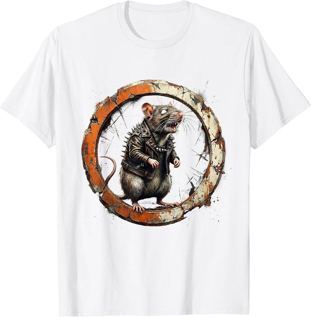 Men's Punk Rat Studded Leather Jacket Graphic Tee T-Shirt - White