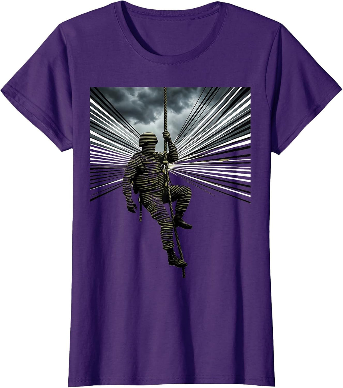 Women's Camo Soldier Climbing Rope Stormy Sky Graphic T-Shirt - Purple