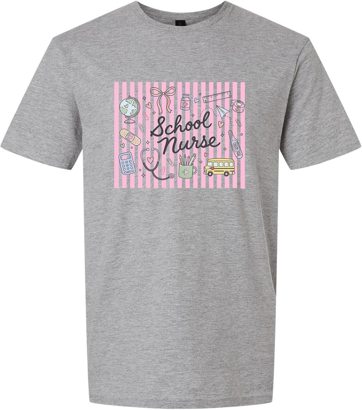 Cute School Nurse Pink Stripe Graphic Tee - Sport Grey