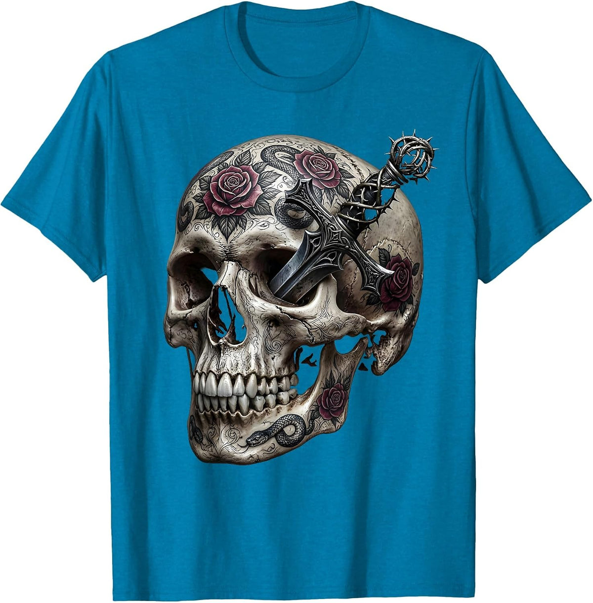 Tattooed Skull Dagger Through Temple Graphic T-Shirt - Sapphire Blue