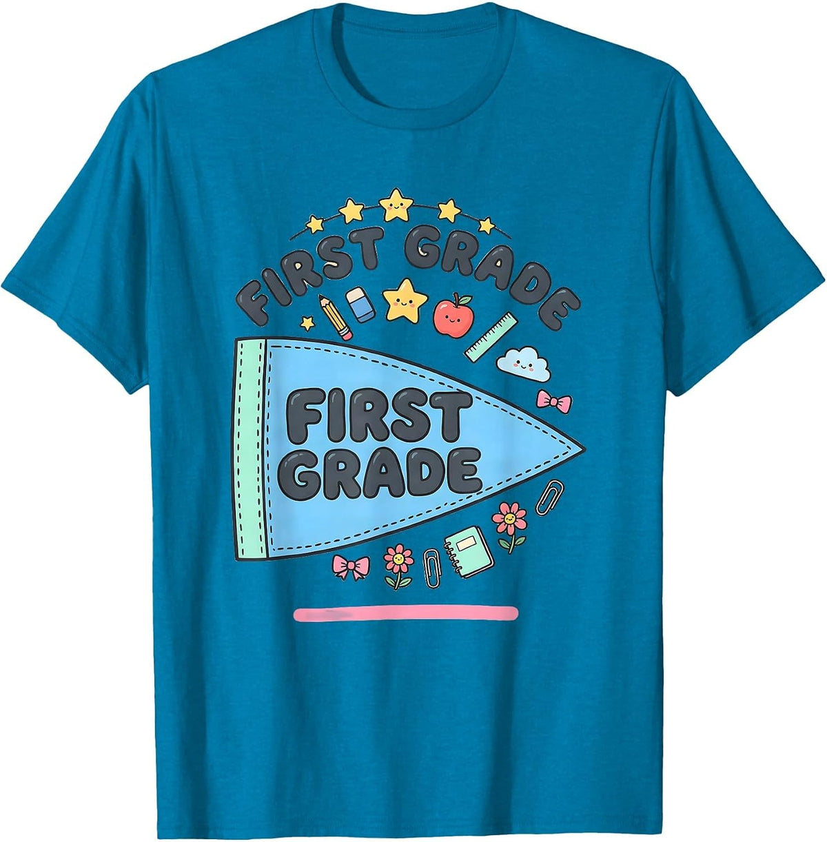 First Grade Kawaii Stationery Doodle Back to School Pennant T-Shirt - Sapphire Blue