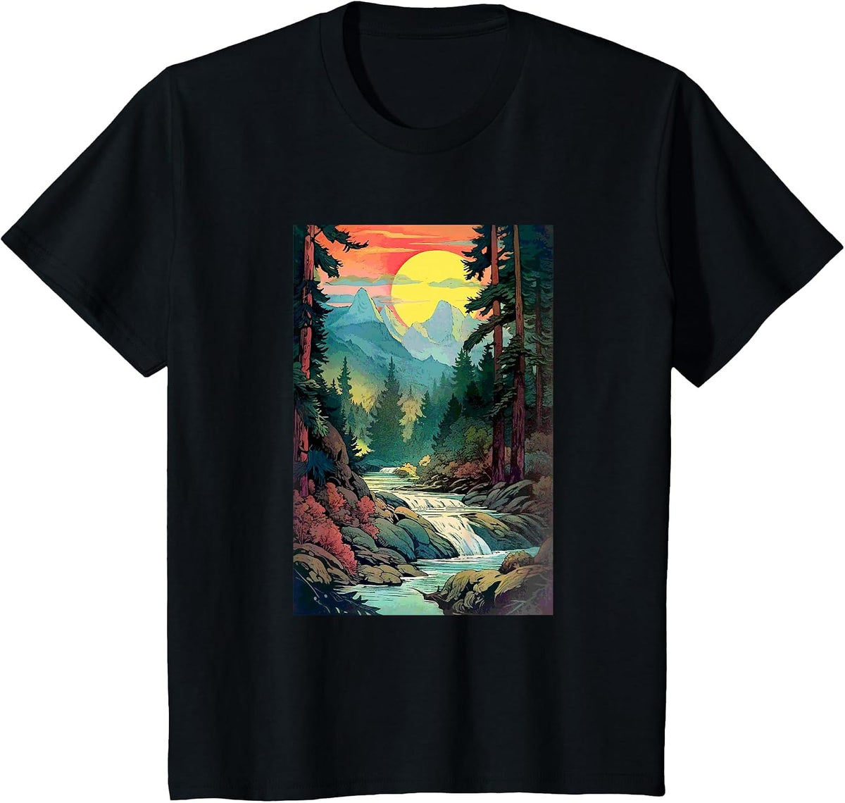 Mountains Trees River Waterfall Woodsy Nature Scene Outdoors T-Shirt - Black