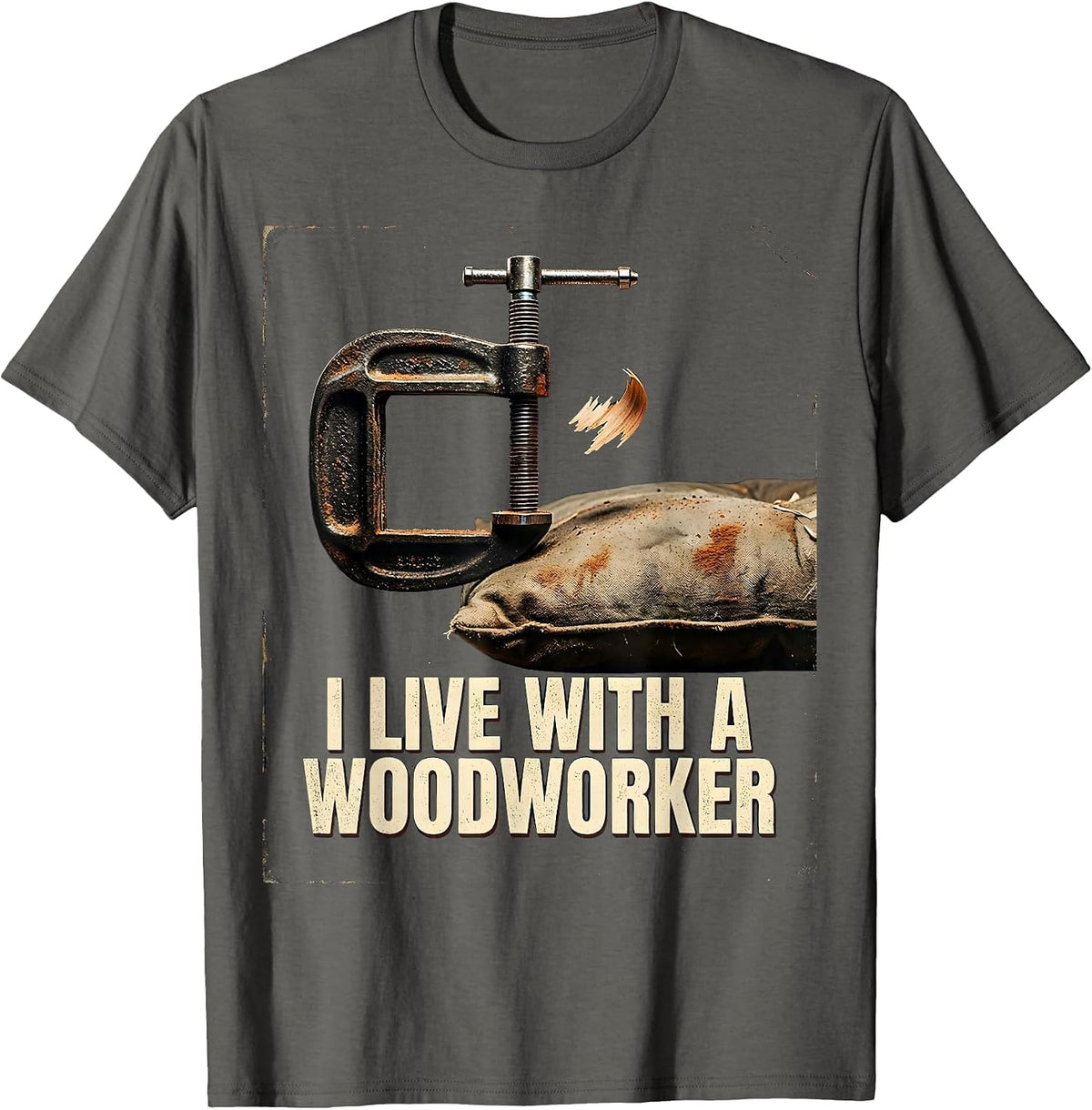 I Live With A Woodworker Vintage Carpenter Humor T-Shirt - Asphalt Grey