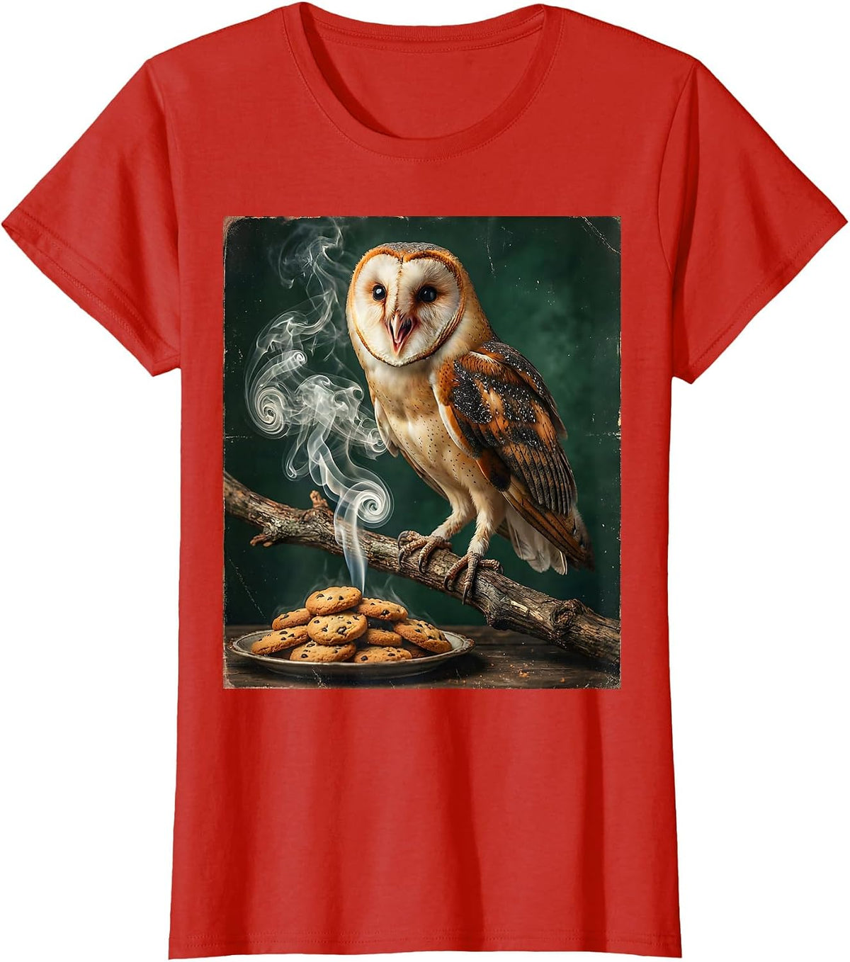 Women's Owl Sniffing Cookie Smoke Funny Halloween Graphic T-Shirt - Red