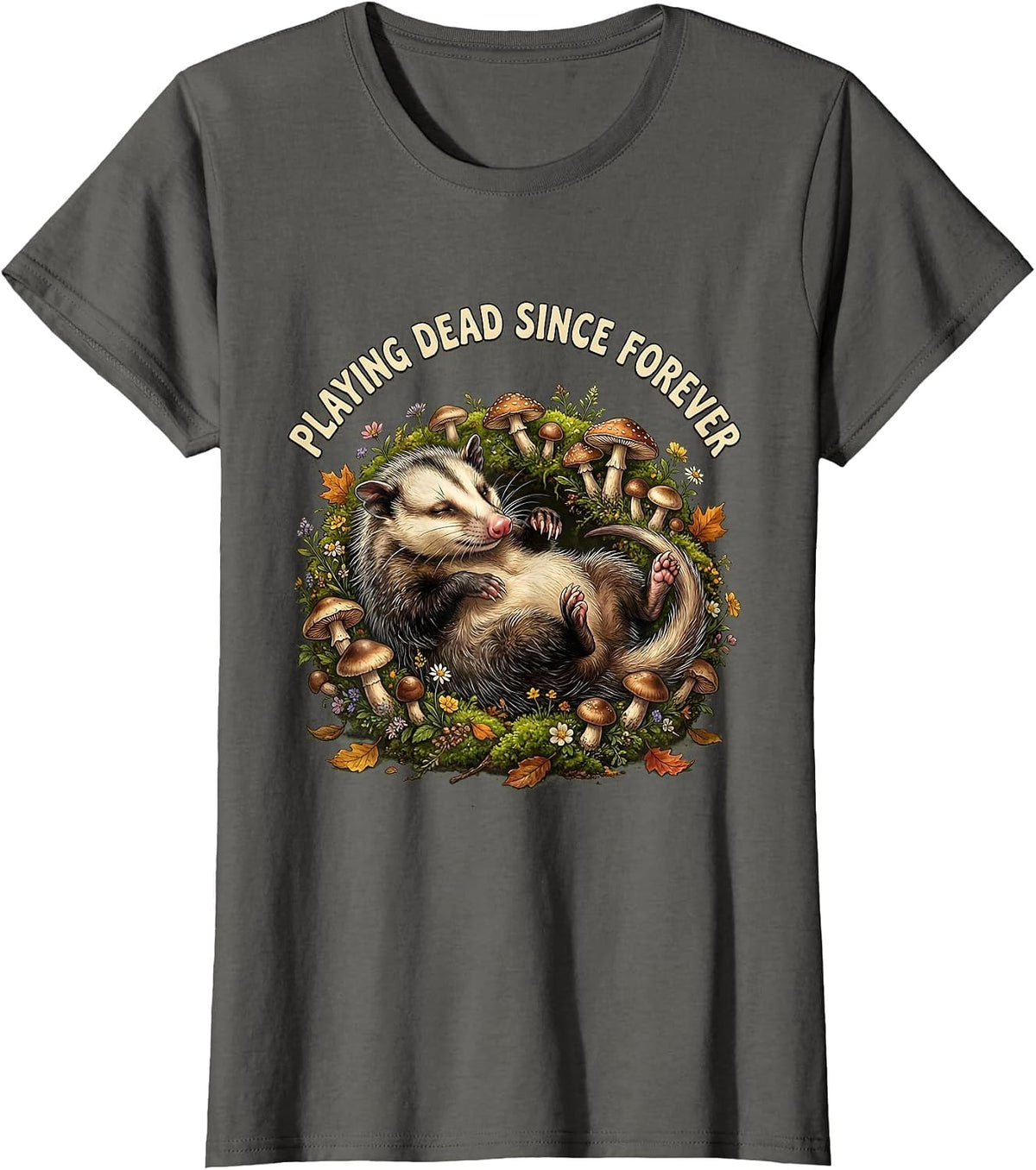 Women's Playing Dead Since Forever Opossum Design T-Shirt - Asphalt Grey