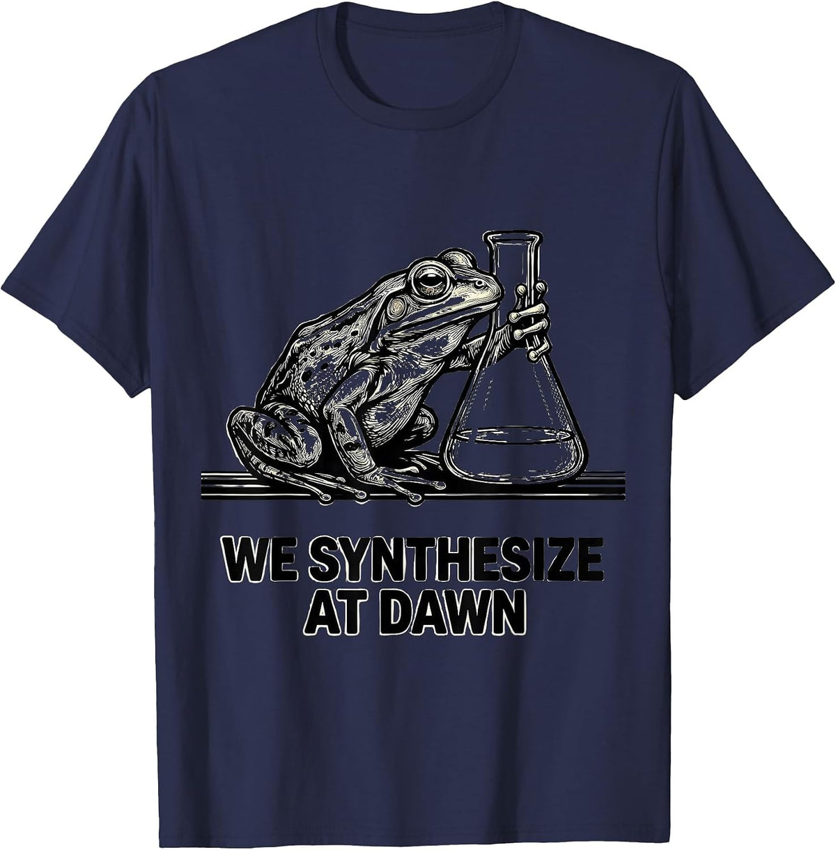 Men's We Synthesize At Dawn Funny Frog Science Teacher Back T-Shirt - Navy Blue
