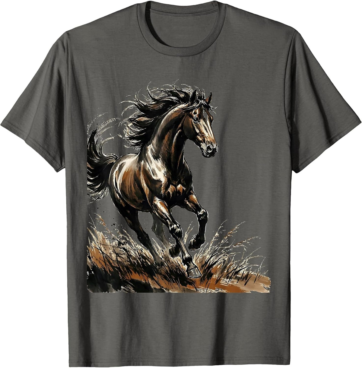 Horse Galloping Through Open Meadow Graphic T-Shirt - Asphalt Grey