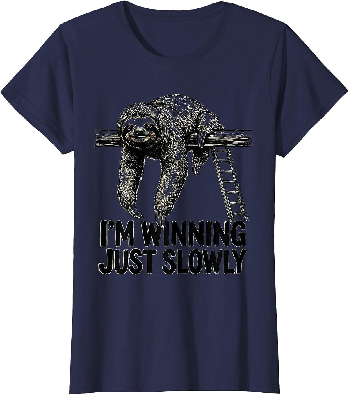 Women's I’m Winning, Just Slowly Funny Sloth Lover Humor T-Shirt - Navy Blue