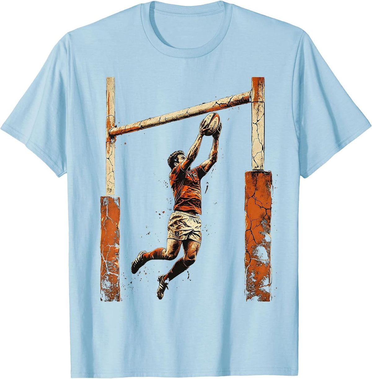 Men's Rugby High Ball Catch Under the Posts Illustration T-Shirt - Baby Blue