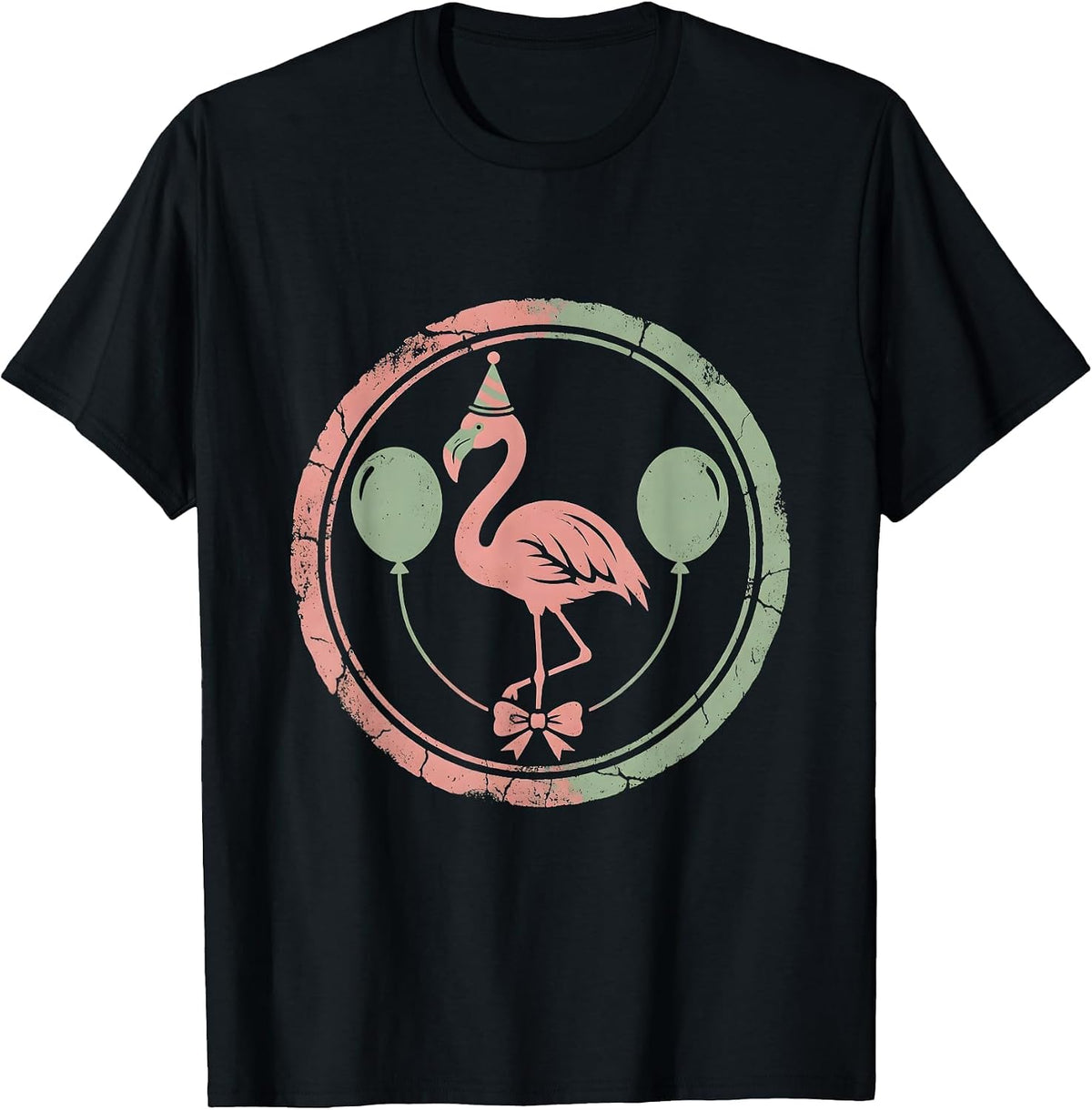 Men's Flamingo Birthday Party Hat Balloons Celebration T-Shirt - Black