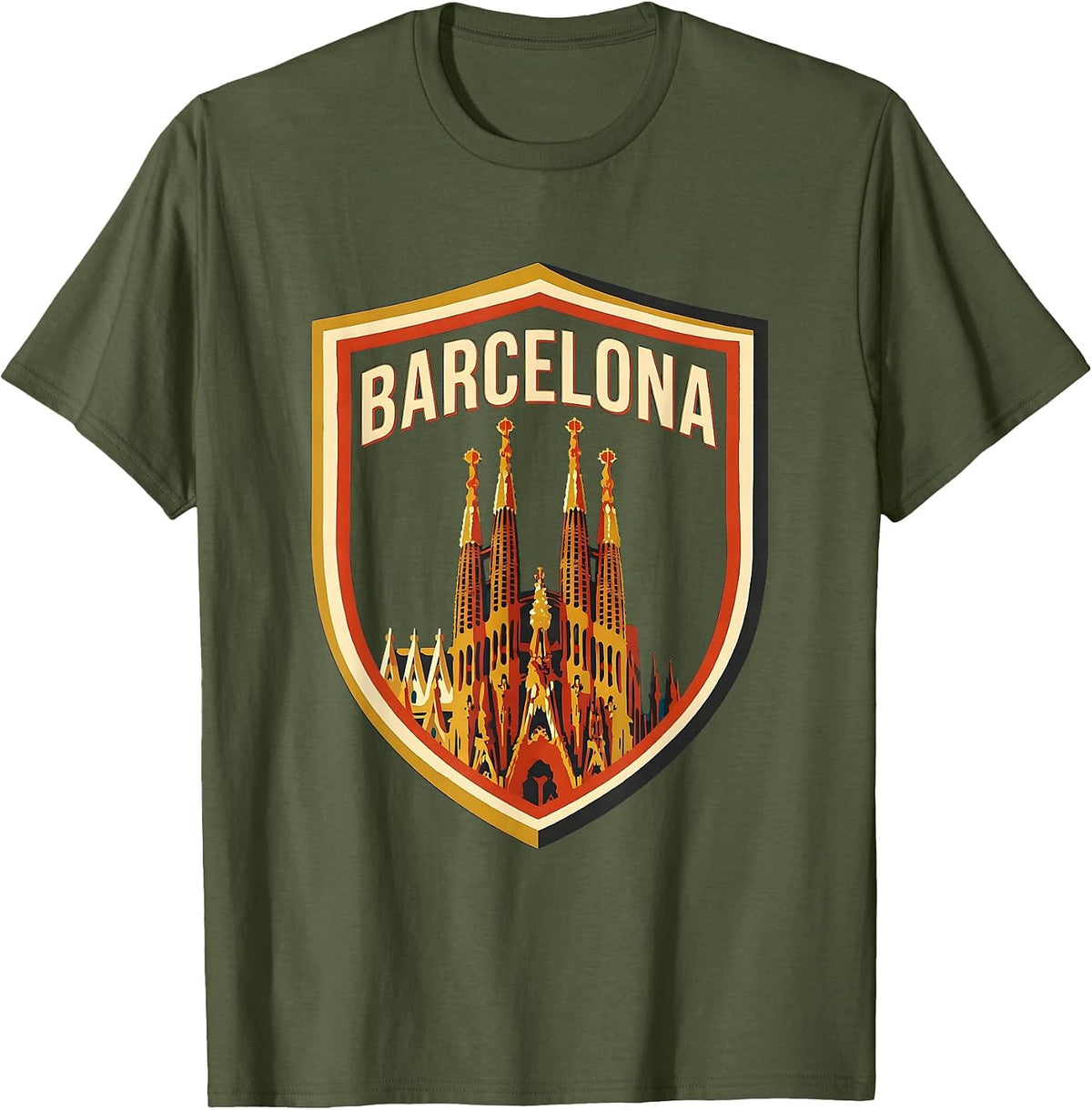 Men's Barcelona Screenprint Poster Spanish Heritage Souvenir T-Shirt - Olive Green