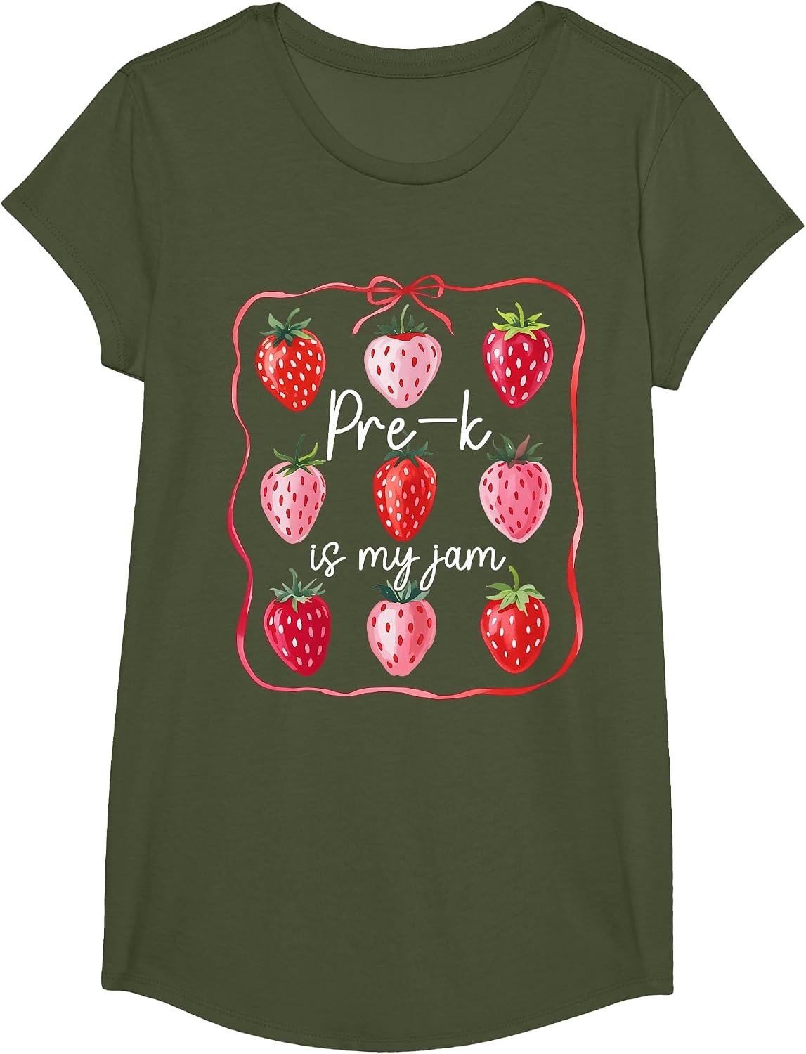 Pre K is My Jam Strawberry Teacher Kids Back to School T-Shirt - Girls Olive Green