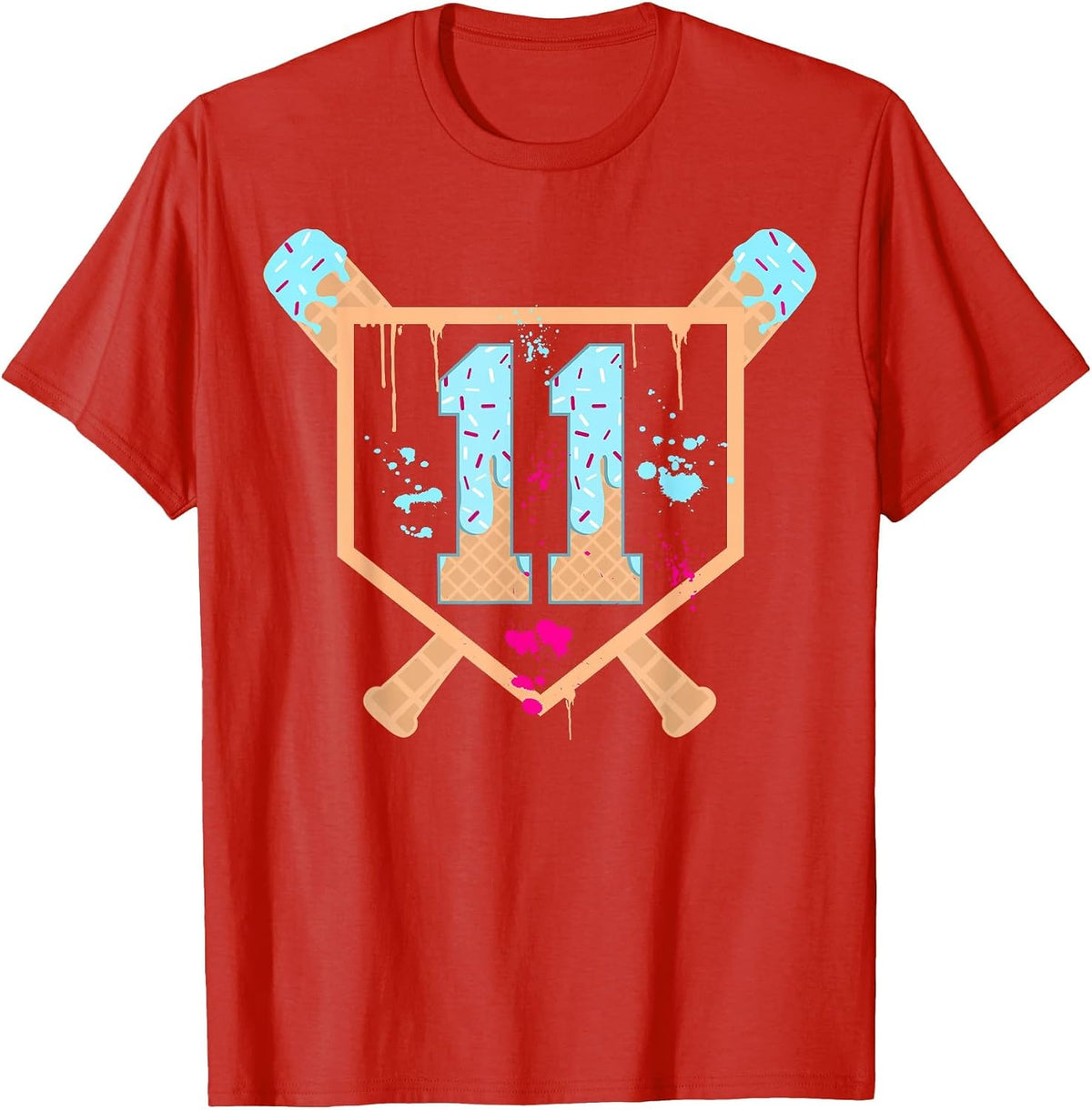 Baseball 11 Year Old Ice Cream Drip 11th Birthday Boy 11 T-Shirt - Red