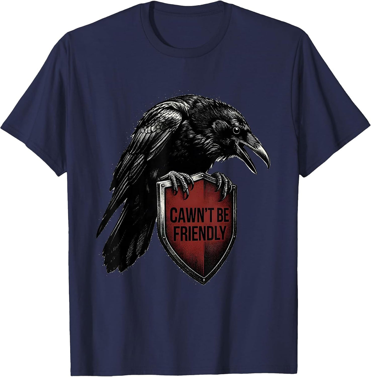 Men's Cawn't Be Friendly Blackwork Dotwork Crow Gothic Humor T-Shirt - Navy Blue