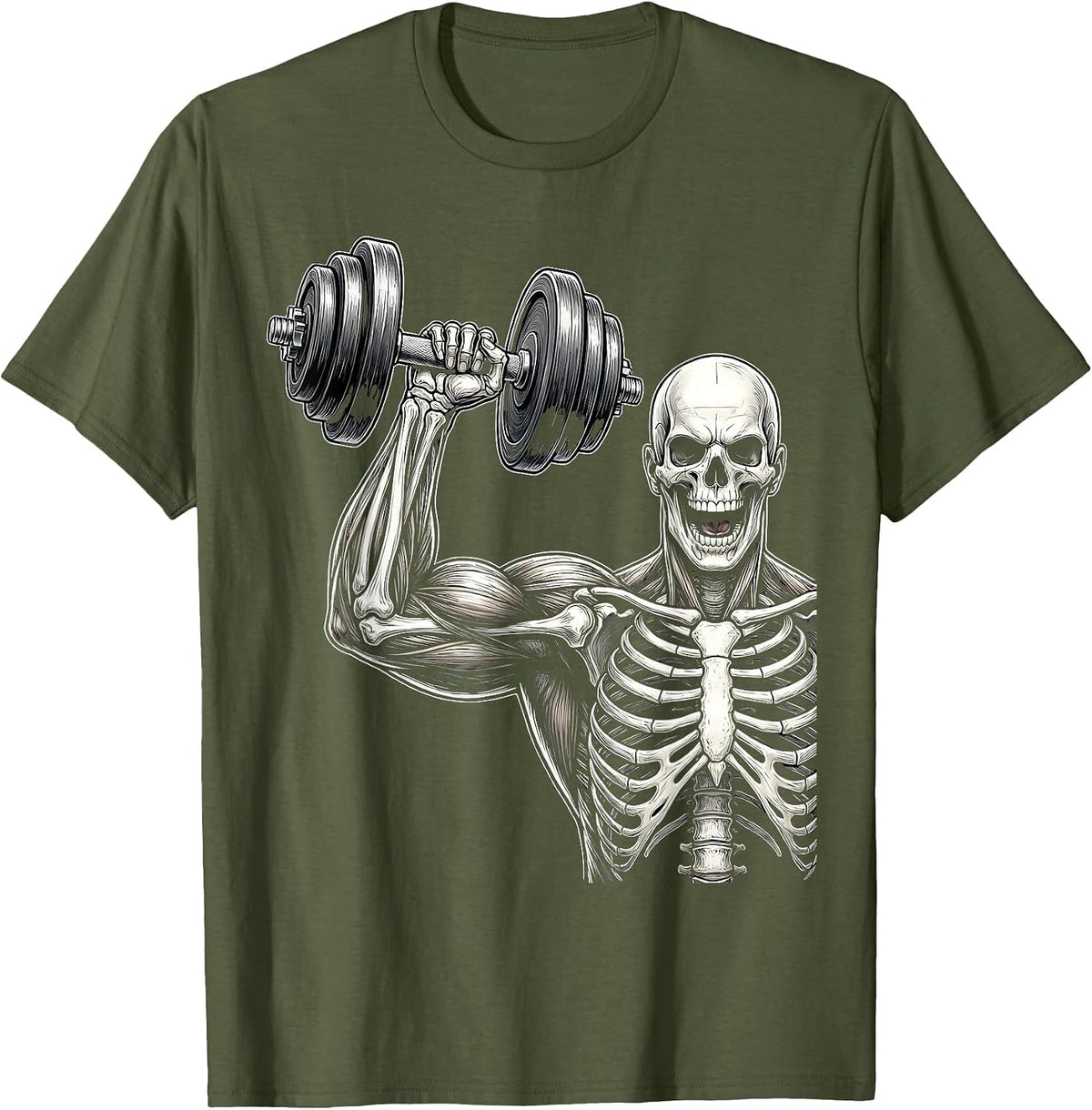 Skeleton Flexing Bicep Curl Gym Graphic T-Shirt - Olive Green