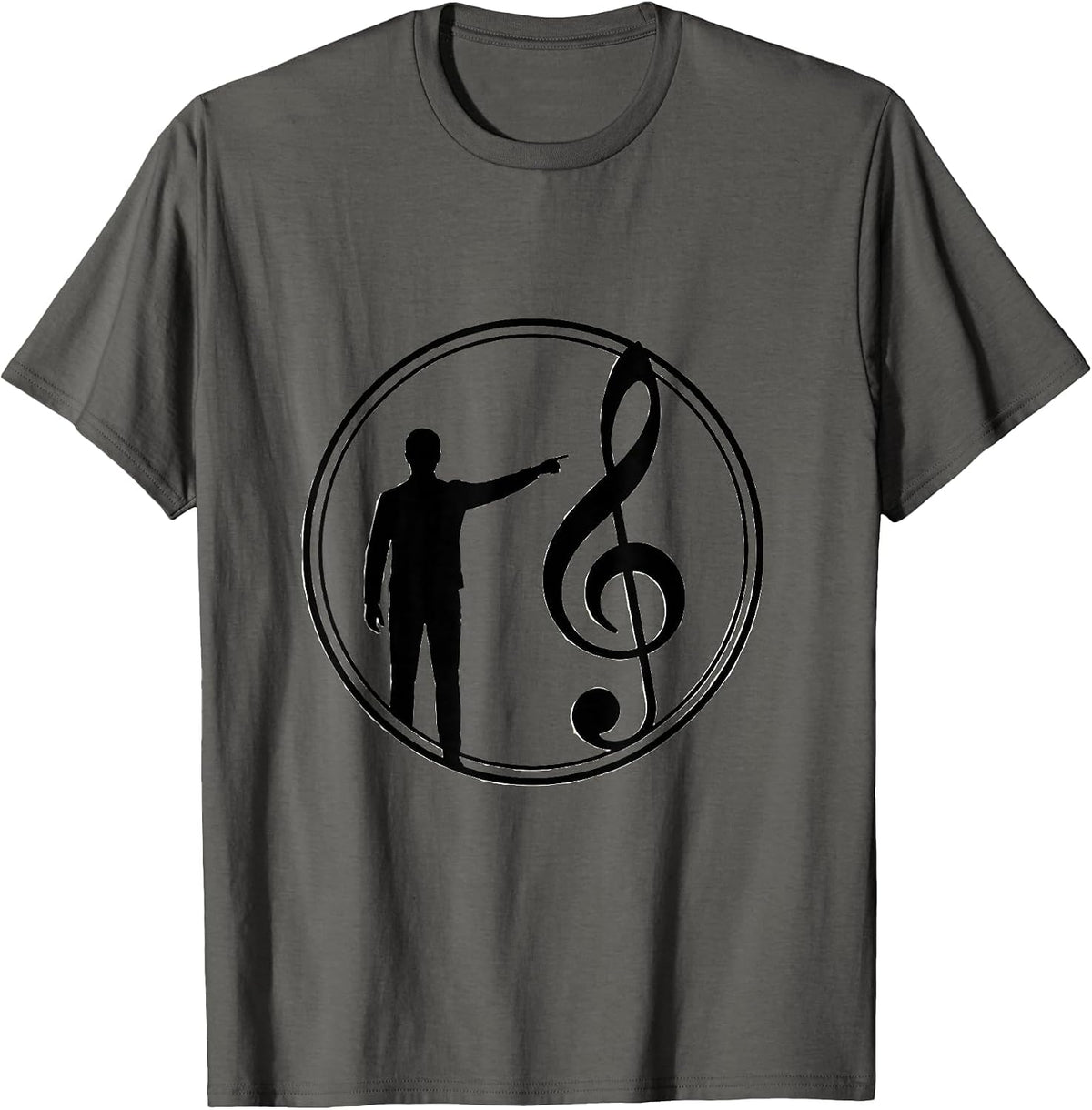 Music Teacher Silhouette Pointing at Giant Music Note T-Shirt - Asphalt Grey