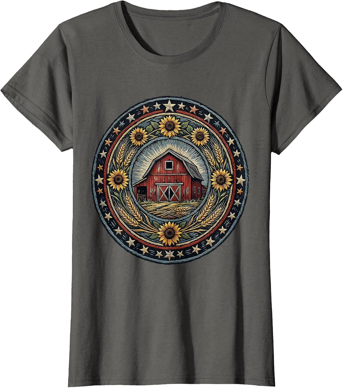 Women's Red Barn Blue Sky Stars Patriotic Country Design T-Shirt - Asphalt Grey